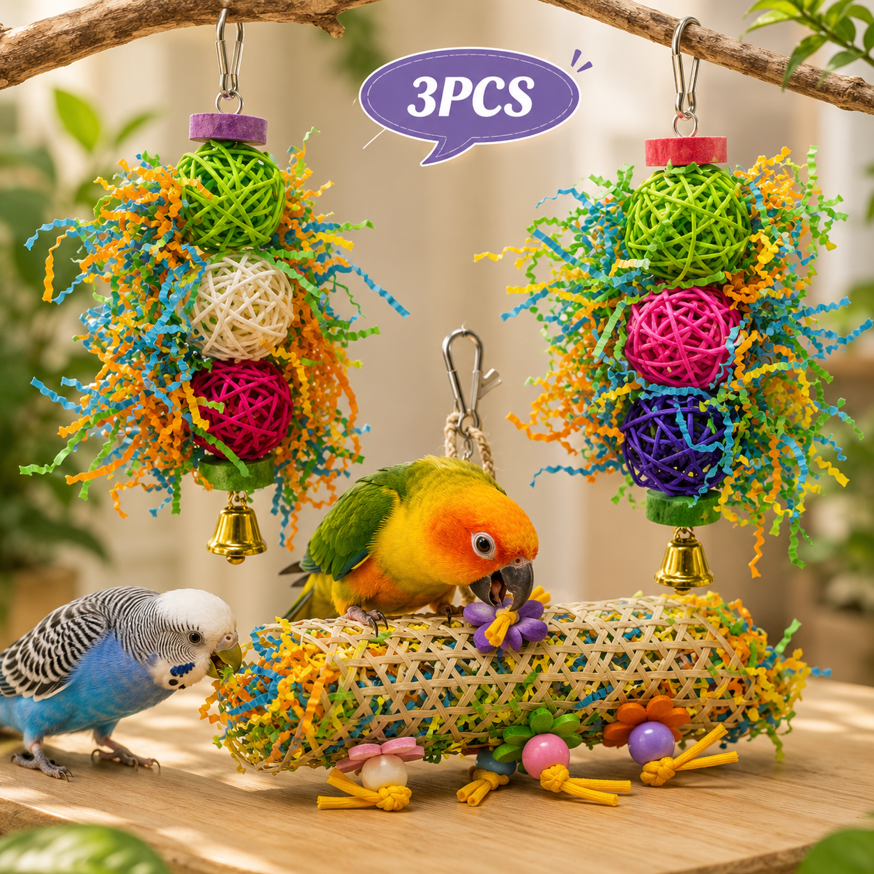 Natural Rattan Bird Toys – Enrichment & Chewing Toy Set